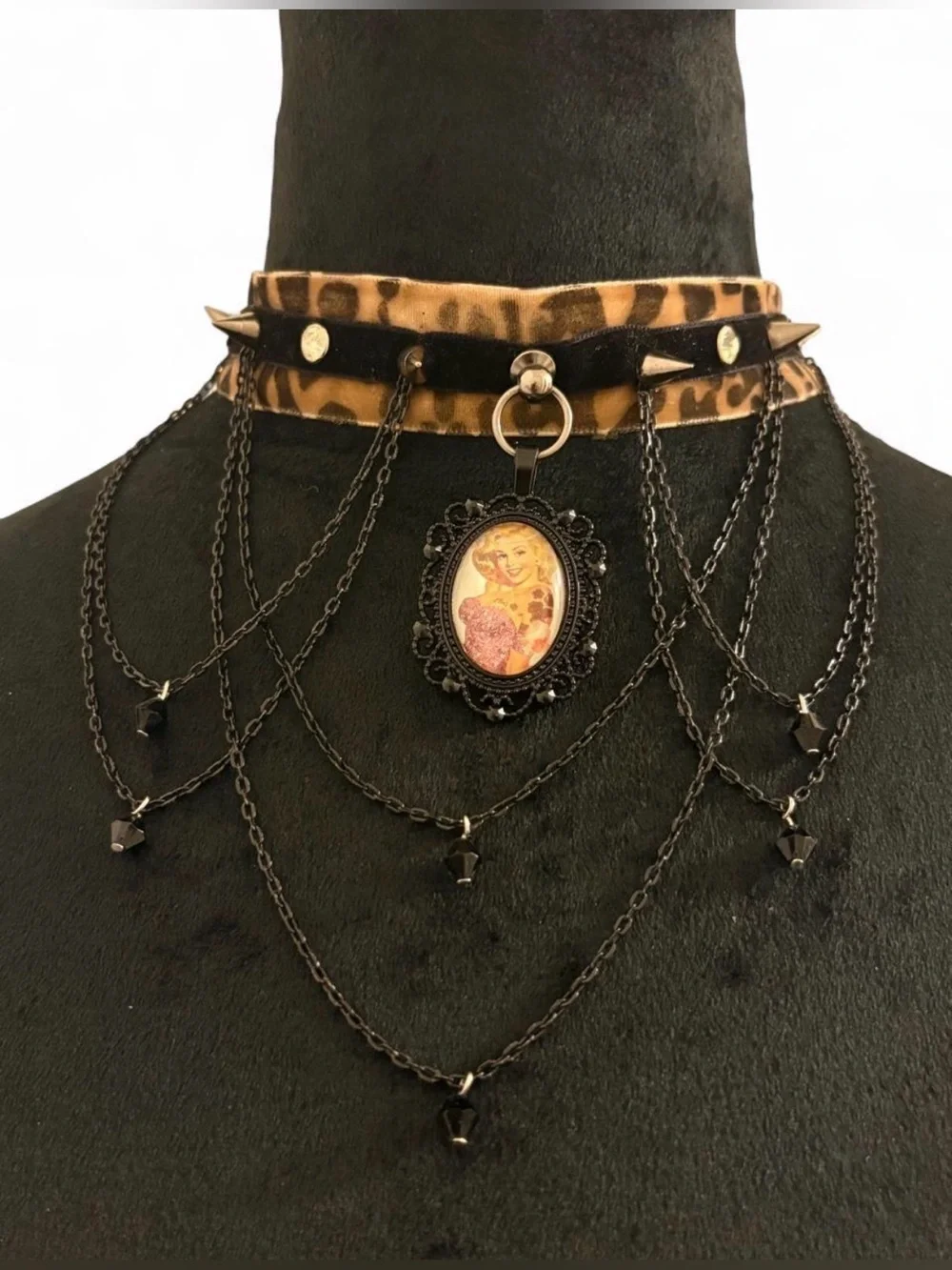 Leopard Print Black velvet, spike, rhinestone, Chain & Cameo Choker Necklace